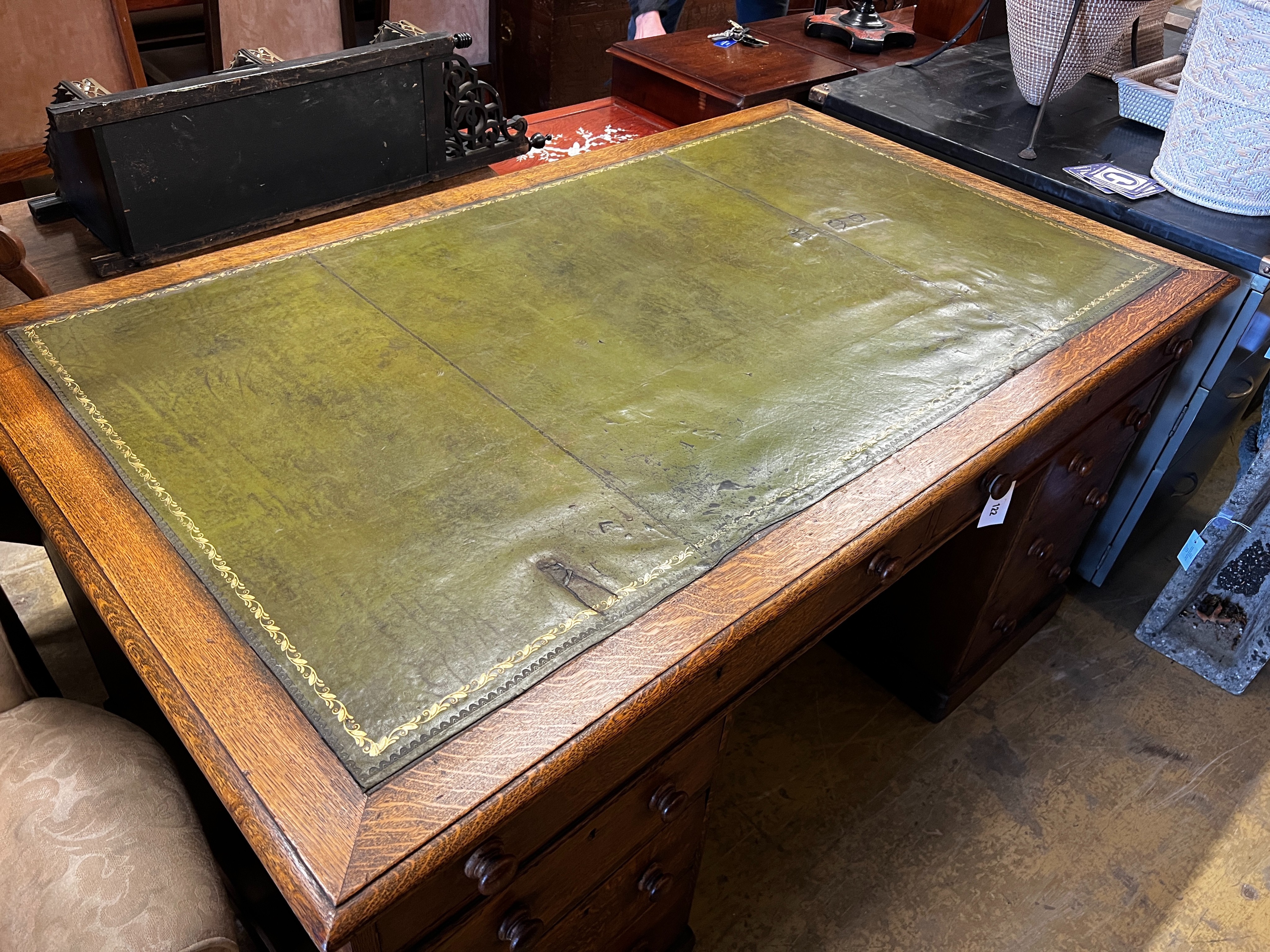 A Victorian oak pedestal desk, length 152cm, width 90cm, height 75cm